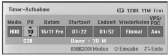 Timer-Aufnahme SP 120H 11M Frei Media PR Datum Startzeit Endzeit Wiederholen VPS/ HDD 10 16/11 Fre 01:22 01:52 Einmal Aus C20 Dauer : 30 M REC MODE Modus Eingabe Ende