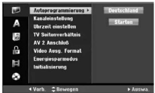 Autoprogrammierung Kanaleinstellung Uhrzeit einstellen TV Seitonverhältnis AV 2 Anschluß Video Ausg. Format Energiesparmodus Initialisierung Deutschland Starten Vorb. Bewegen Auswa.