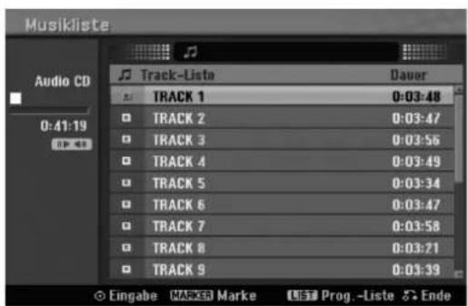 Musicliste Audio CD Track-Liste Dauer TRACK 1 0:03:48 TRACK 2 0:03:47 TRACK 3 0:03:56 TRACK 4 0:03:49 TRACK 5 0:03:34 TRACK 6 0:03:47 TRACK 7 0:03:58 TRACK 8 0:03:21 TRACK 9 0:03:39 Eingabe MARKET Marke LIST Prog.-Liste S Ende