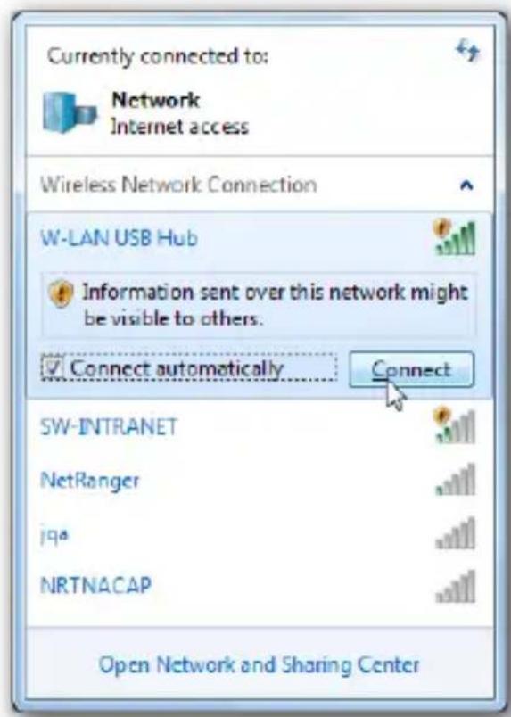 Currently connected to: Network Internet access Wireless Network Connection W-LAN USB Hub Information sent over this network might be visible to others. Connect automatically Connect SW-INTRANET NetRanger jqa NRTNACAP Open Network and Sharing Center