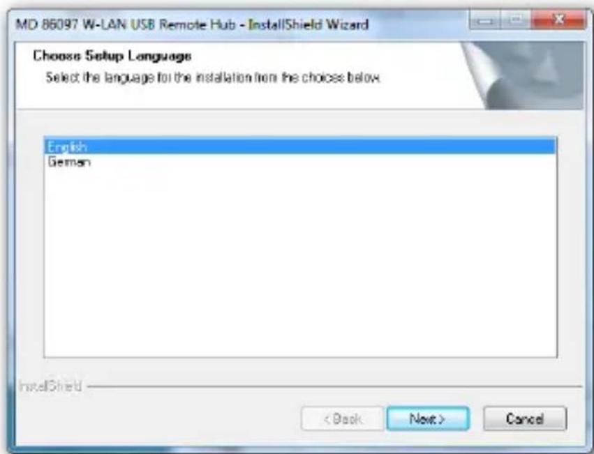 MD 86097 W-LAN USB Remote Hub - InstallShield Wizard Choose Setup Language Select the language for the installation from the choices below. English German < Back Next > Cancel