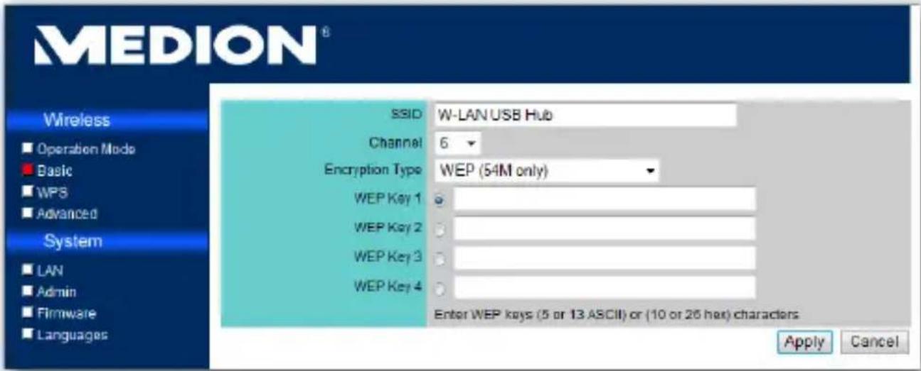 MEDION® Wireless Operation Mode Basic WPS Advanced System LAN Admin Firmware Languages SSID W-LAN USB Hub Channel 6 Encryption Type WEP (54M only) WEP Key 1 WEP Key 2 WEP Key 3 WEP Key 4 Enter WEP keys (5 or 13 ASCII) or (10 or 26 hex) characters Apply Cancel