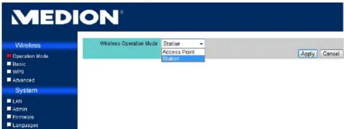 MEDION® Wireless Operation Mode Basic WPS Advanced System LAN Admin Firmware Languages Wireless Operation Mode Station Access Point Station Apply Cancel