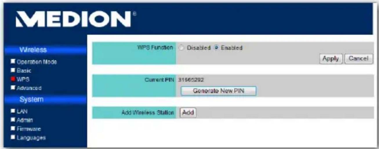 MEDION® Wireless Operation Mode Basic WPS Advanced System LAN Admin Firmware Languages WPS Function Disabled Enabled Apply Cancel Current PIN 31565292 Generate New PIN Add Wireless Station Add