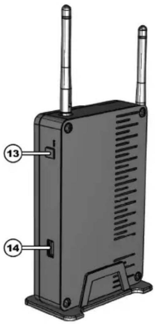 Diagram of a wireless router with labeled ports 13 and 14, showing ventilation slots and antenna connections.
