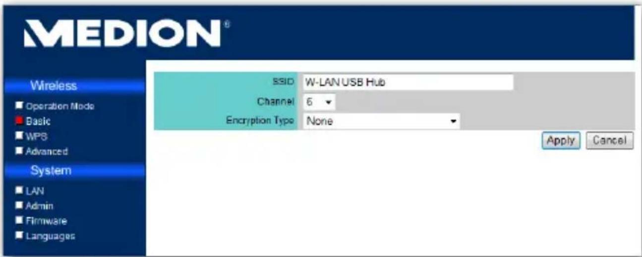 MEDION® Wireless Operation Mode Basic WPS Advanced System LAN Admin Firmware Languages SSID W-LAN USB Hub Channel 6 Encryption Type None Apply Cancel