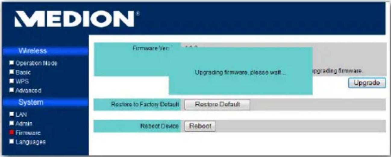 MEDION® Wireless Operation Mode Basic WPS Advanced System LAN Admin Firmware Languages Firmware Ver 10.0 Upgrading firmware, please wait... Upgrade Restore to Factory Default Restore Default Reboot Device Reboot