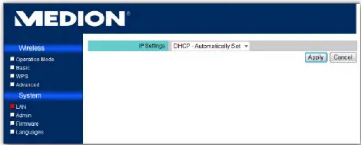 MEDION® Wireless Operation Mode Basic WPS Advanced System LAN Admin Firmware Languages IP Settings DHCP - Automatically Set Apply Cancel