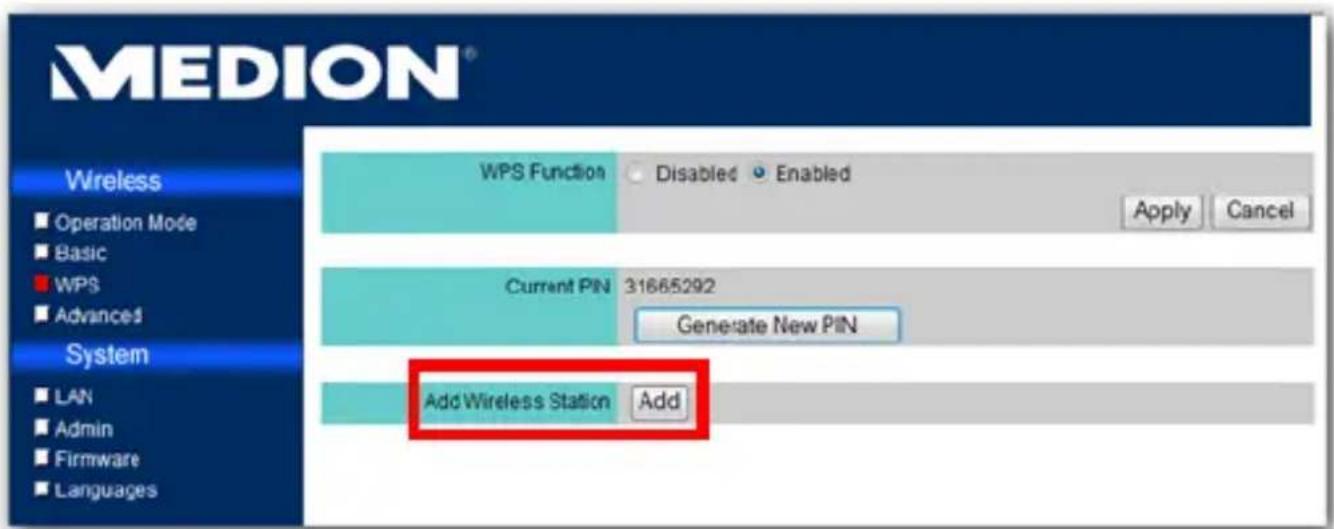 MEDION® Wireless Operation Mode Basic WPS Advanced System LAN Admin Firmware Languages WPS Function Disabled Enabled Apply Cancel Current PIN 31665292 Generate New PIN Add Wireless Station Add