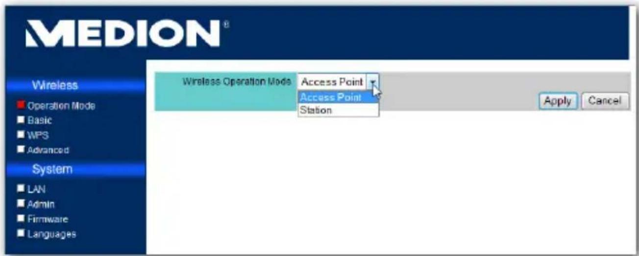 MEDION® Wireless Operation Mode Basic WPS Advanced System LAN Admin Firmware Languages Wireless Operation Mode Access Point Access Point Station Apply Cancel