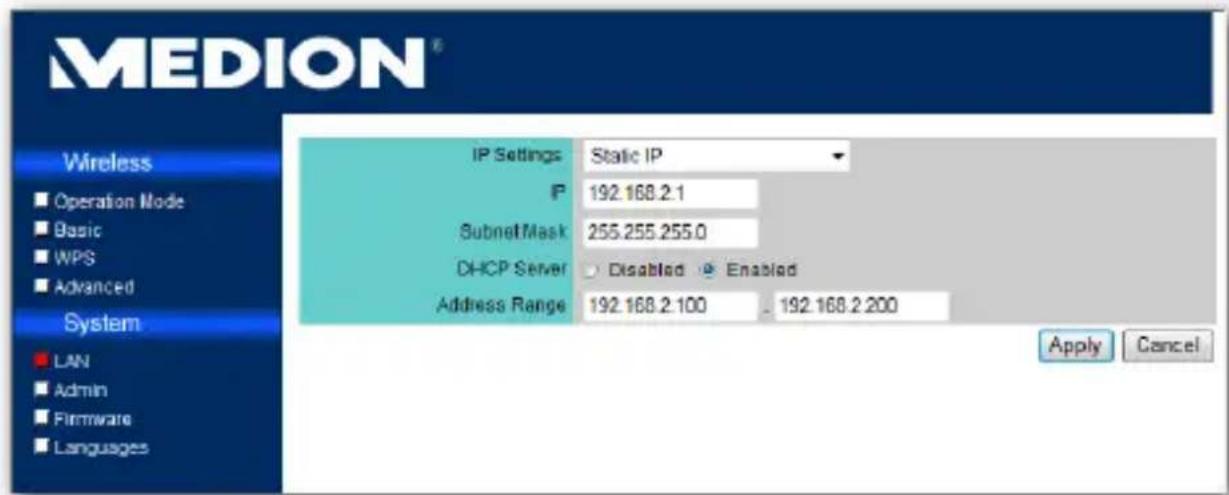 MEDION® Wireless Operation Node Basic WPS Advanced System LAN Admin Firmware Languages IP Settings Static IP IP 192.168.2.1 SubnetMask 255.255.255.0 DHCP Server Disabled Enabled Address Range 192.168.2.100 192.168.2.200 Apply Cancel