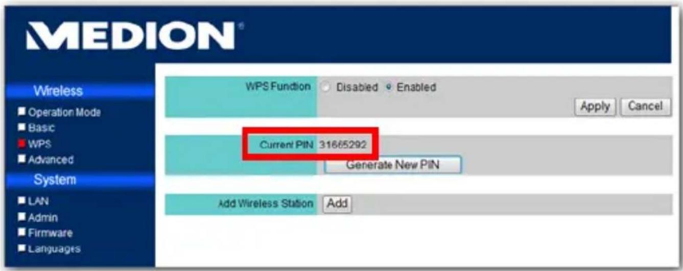 MEDION® Wireless Operation Mode Basic WPS Advanced System LAN Admin Firmware Languages WPS Function Disabled Enabled Apply Cancel Current PIN 31665292 Generate New PIN Add Wireless Station Add