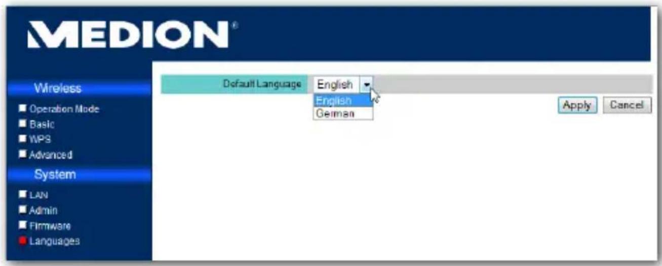 MEDION® Wireless Operation Mode Basic WPS Advanced System LAN Admin Firmware Languages Default Language English English German Apply Cancel