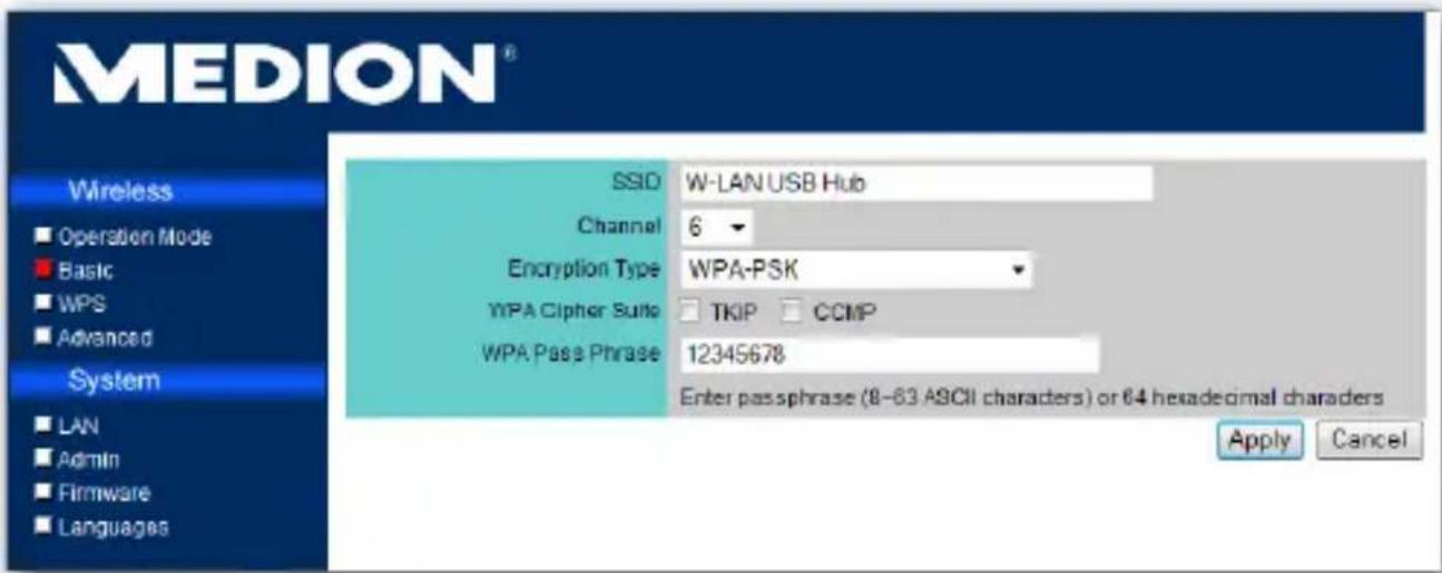 MEDION® Wireless Operation Mode Basic WPS Advanced System LAN Admin Firmware Languages SSID W-LAN USB Hub Channel 6 Encryption Type WPA-PSK WPA Cipher Suite TKIP CCMP WPA Pass Phrase 12345678 Enter passphrase (8-63 ASCII characters) or 64 hexadecimal characters Apply Cancel