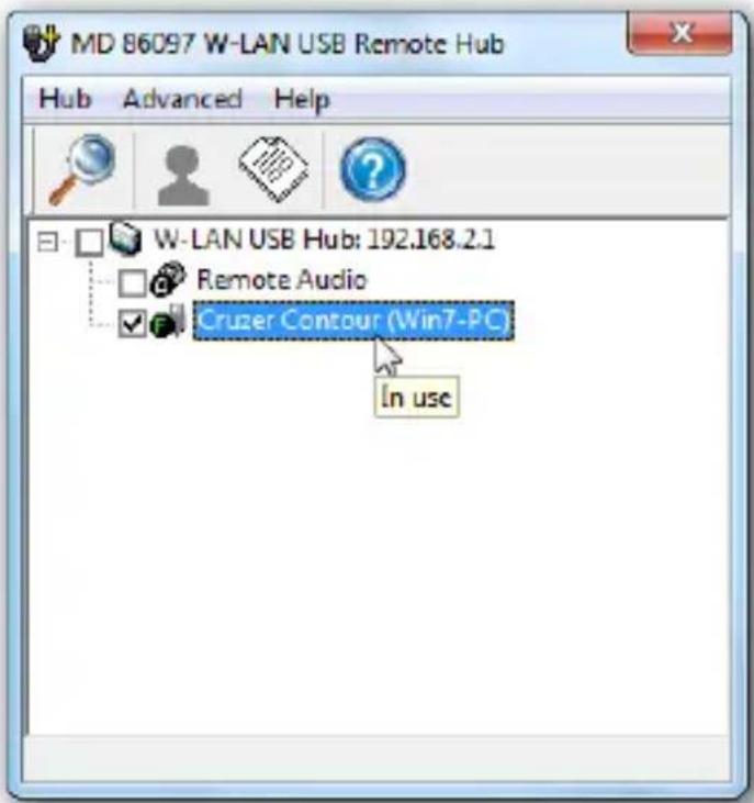 MD 86097 W-LAN USB Remote Hub Hub Advanced Help W-LAN USB Hub: 192.168.2.1 Remote Audio Cruzer Contour (Win7-PC) In use