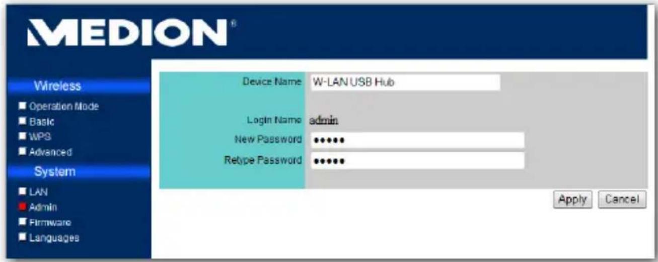 MEDION® Wireless Operation Mode Basic WPS Advanced System LAN Admin Firmware Languages Device Name W-LAN USB Hub Login Name admin New Password ••••••• Retype Password •••••••• Apply Cancel