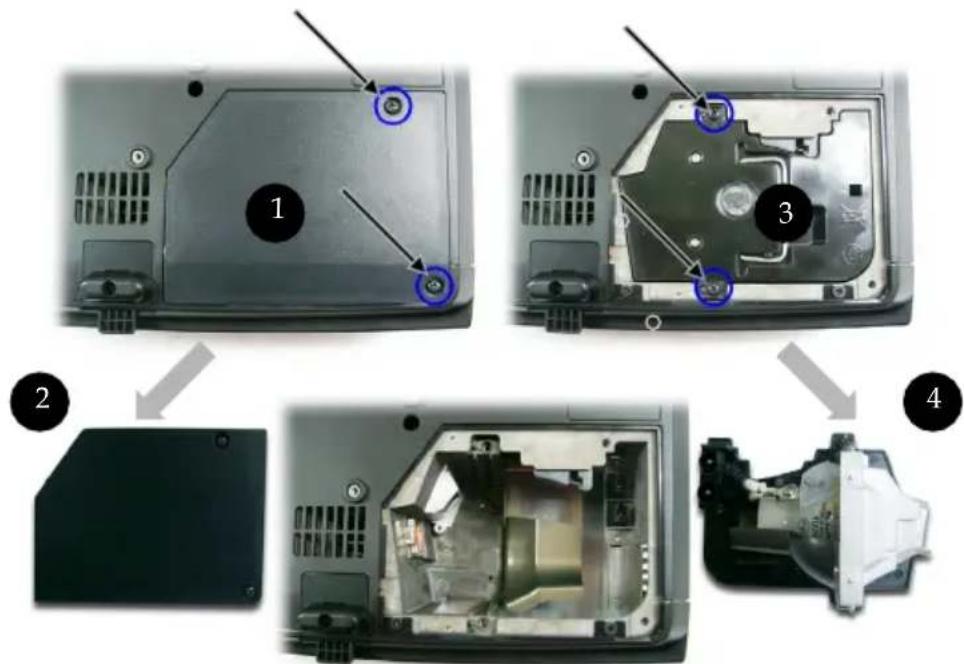 Diagram showing four views of a device's internal structure with numbered annotations indicating component locations.
