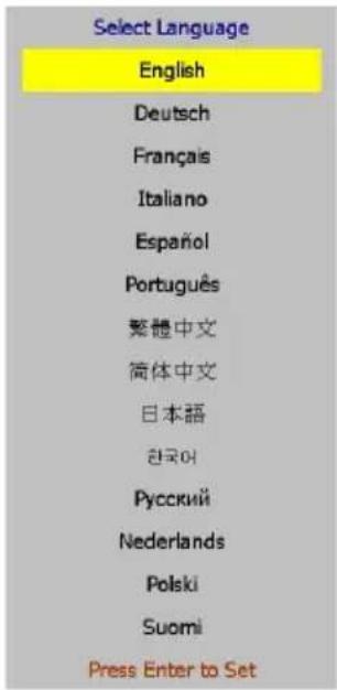 Select Language English Deutsch Français Italiano Español Português 繁體中文 简体中文 日本語 한국어 Русский Nederlands Polski Suomi Press Enter to Set