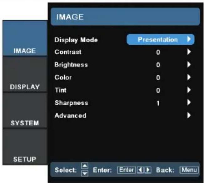 IMAGE Display Mode Presentation Contrast 0 Brightness 0 Color 0 Tint 0 Sharpness 1 Advanced Select: Enter: Enter Back: Menu