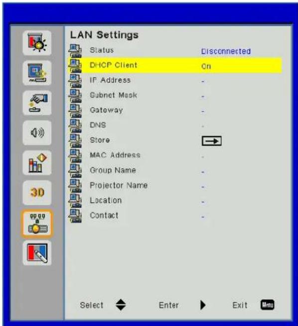LAN Settings Status Disconnected DHCP Client On IP Address - Subnet Mask - Gateway - DNS - Store → MAC Address - Group Name - Projector Name - Location - Contact - Select Enter Exit