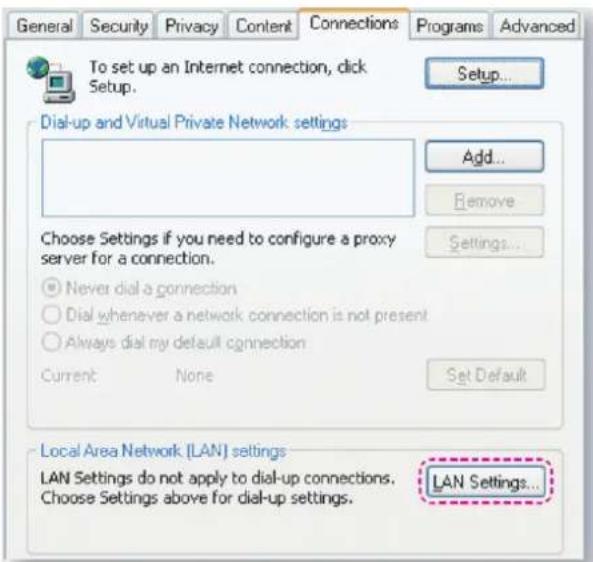 General Security Privacy Content Connections Programs Advanced To set up an Internet connection, click Setup. Setup... Dial-up and Virtual Private Network settings Add... Remove Choose Settings if you need to configure a proxy server for a connection. Never dial a connection Dial whenever a network connection is not present Always dial my default connection Current None Set Default Local Area Network (LAN) settings LAN Settings do not apply to dial-up connections. Choose Settings above for dial-up settings. LAN Settings...