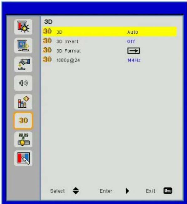 3D 3D 3D Auto 3D 3D Invert off 3D 3D Format 3D 1080p@24 144Hz Select Enter Exit