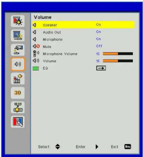 Volume Speaker On Audio Out On Microphone On Mute Off Microphone Volume 15 Volume 15 EQ Select Enter Exit Menu