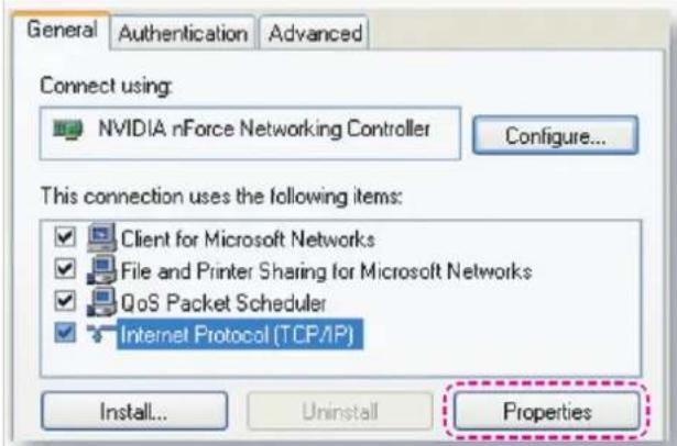 General Authentication Advanced Connect using: NVIDIA nForce Networking Controller Configure... This connection uses the following items: ✓ Client for Microsoft Networks ✓ File and Printer Sharing for Microsoft Networks ✓ QoS Packet Scheduler ✓ Internet Protocol (TCP/IP) Install... Uninstall Properties