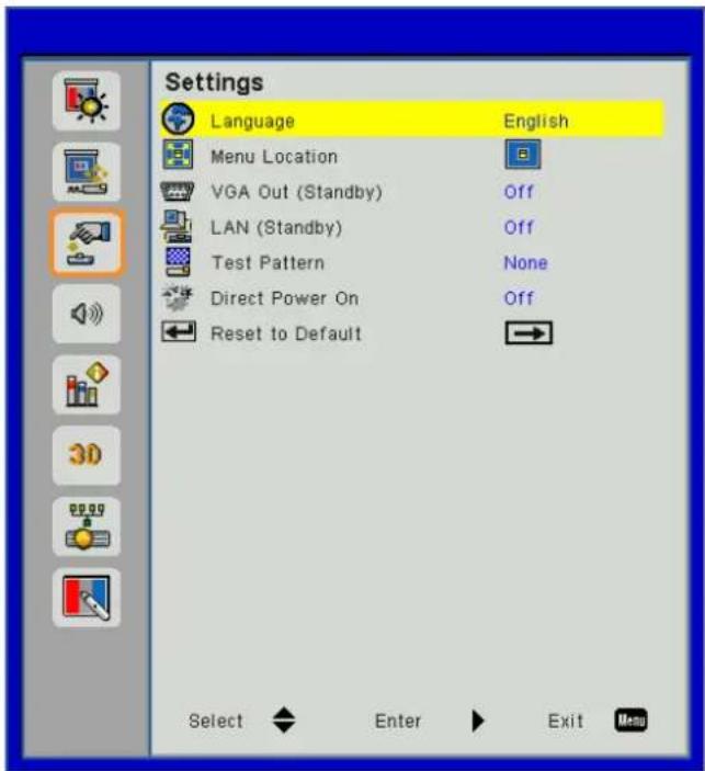 Settings Language English Menu Location VGA Out (Standby) Off LAN (Standby) Off Test Pattern None Direct Power On Off Reset to Default Select Enter Exit Men