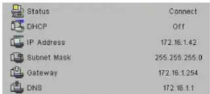 Status Connect DHCP Off IP Address 172.16.1.42 Subnet Mask 255.255.255.0 Gateway 172.16.1.254 DNS 172.16.1.1