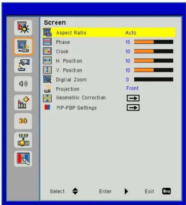 Screen Aspect Ratio Auto Phase 15 Clock 10 H. Position 10 V. Position 10 Digital Zoom 0 Projection Front Geometric Correction → PIP-PBP Settings → Select Enter Exit Help