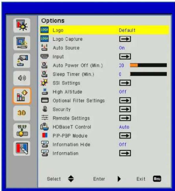 Options LOGO Logo Default LOGO Logo Capture Auto Source On Input Auto Power Off (Min.) 20 Sleep Timer (Min.) 0 SSI Settings High Altitude Off Optional Filter Settings Security Remote Settings HDBaseT Control Auto PIP-PBP Module Information Hide Off Information Select Enter Exit Menu