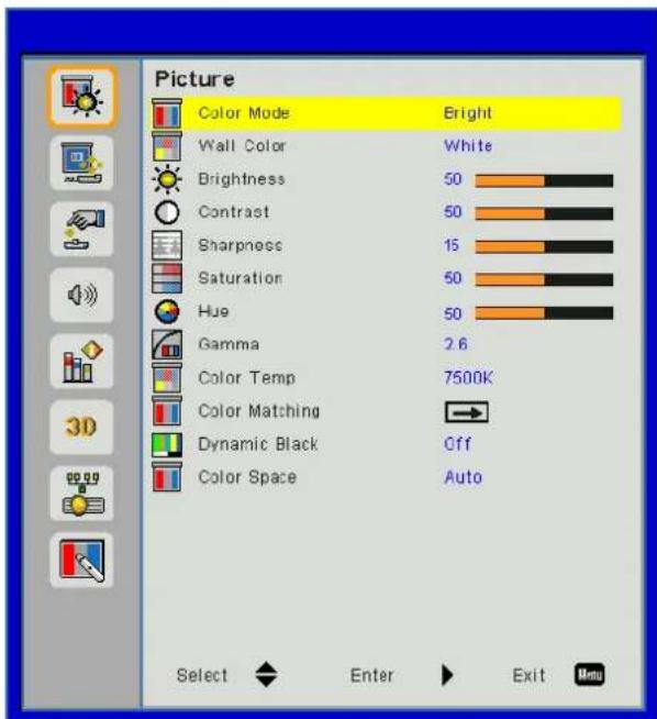 Picture Color Mode Bright Wall Color White Brightness 50 Contrast 50 Sharpness 15 Saturation 50 Hue 50 Gamma 2.6 Color Temp 7500K Color Matching Dynamic Black Off Color Space Auto Select Enter Exit Menu