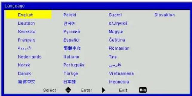 Language English Polski Suomi Slovakian Deutsch 韓국어 £MHyvik Svenska Rysckii Magyar Français Español Ceština 繁體中文 Romanian Nederlands Italiano Tina Norsk Português ###Dansk Türkge Vietnamese 简体中文 日本語 Indonesia Select Enter Exit Miss