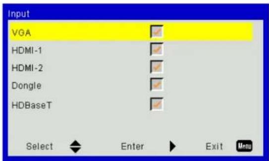 Input VGA HDMI-1 HDMI-2 Dongle HDBaseT Select Enter Exit Menu