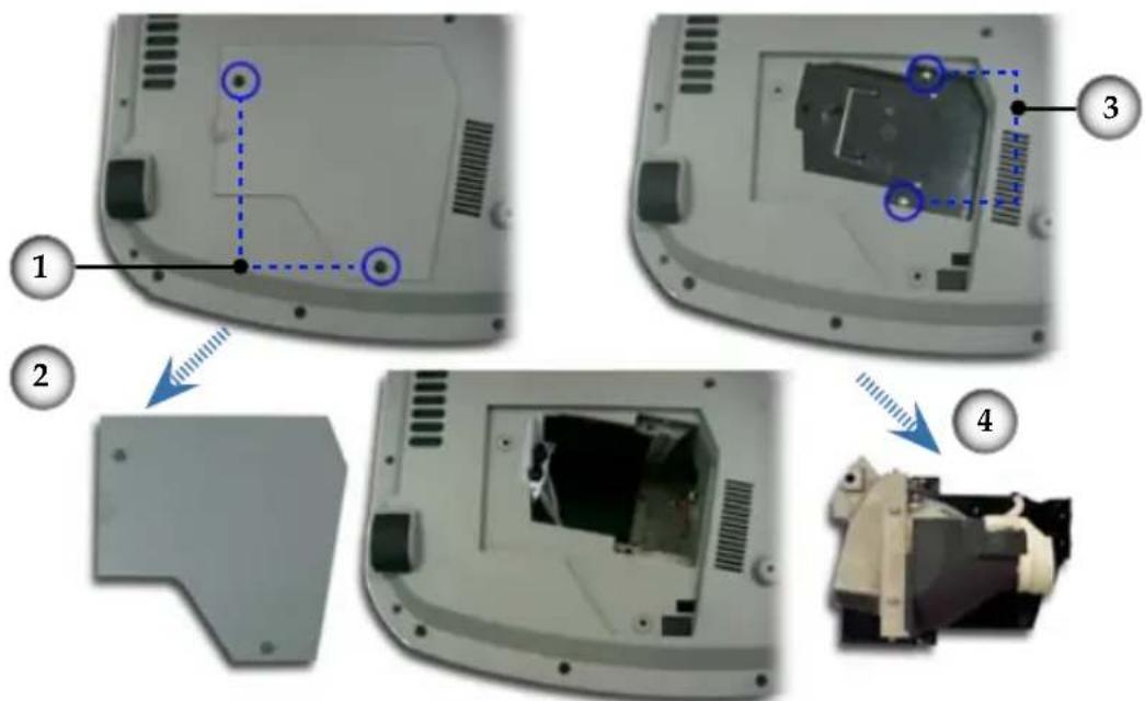Technical diagram showing four views of a device's internal components with numbered annotations and blue dashed lines indicating alignment or positioning.