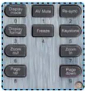 Display mode 0 Display format 3 Zoom out 6 Page up 8 AV Mode 1 Freeze 4 De-sync 2 Keystone 5 Zoom in 7 Page down 0