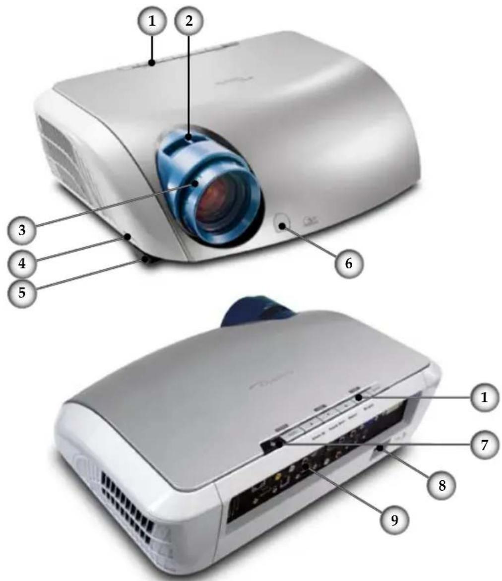 Diagram of a projector with numbered parts labeled for identification