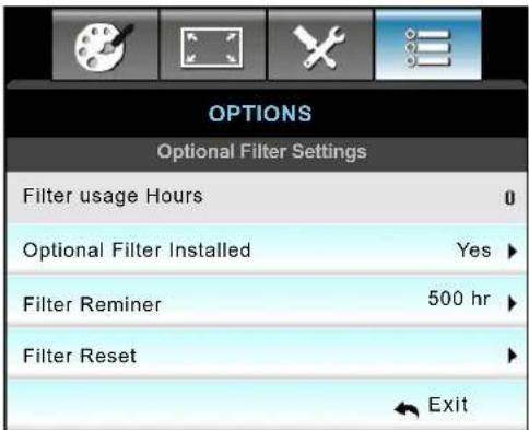 OPTOMA EH504WIFI - Options optional filter settings menu - 1