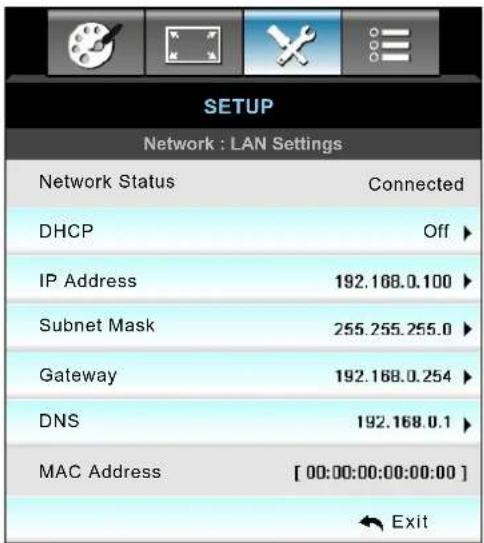 OPTOMA EH504WIFI - Setup network LAN settings menu - 1