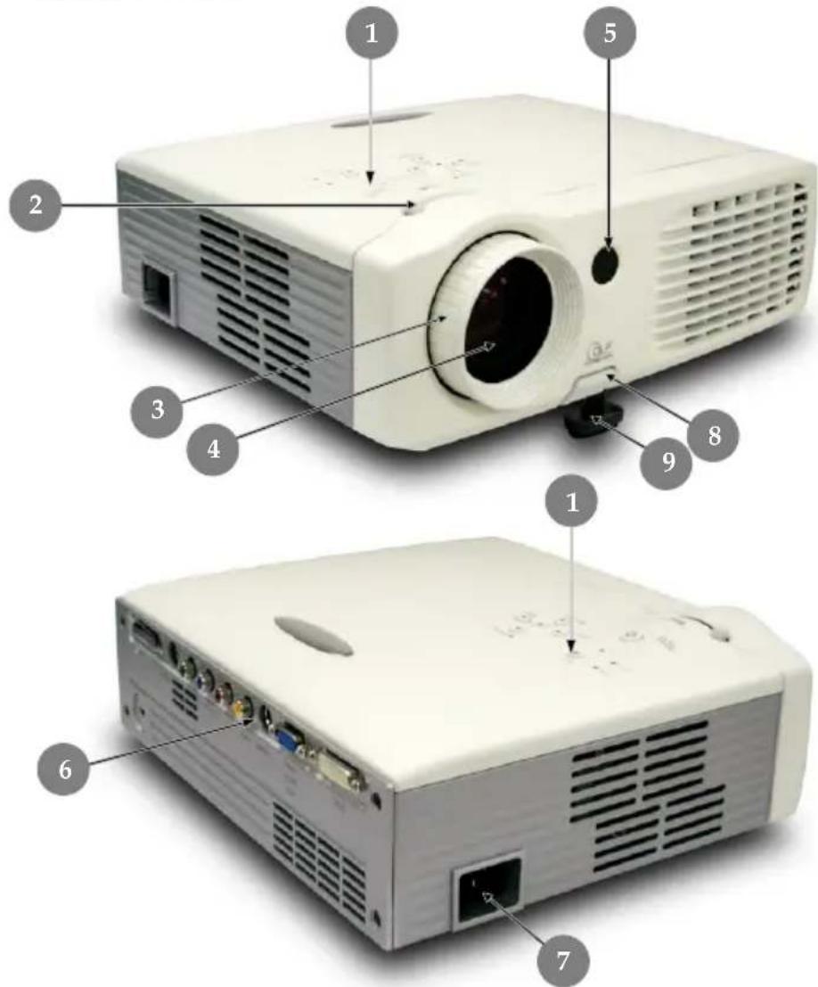 Diagram of a projector with numbered parts labeled for identification and assembly reference.