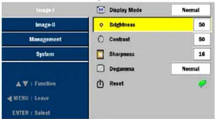 Image-I Image-II Management System ▲ : Function ◀ MENU : Leave ENTER : Select Display Mode Normal Brightness 50 Contrast 50 Sharpness 16 Degamma Normal Reset