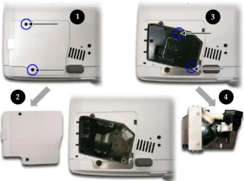 Diagram showing four steps of an open electronic device casing with labeled components and a hand holding the interior.