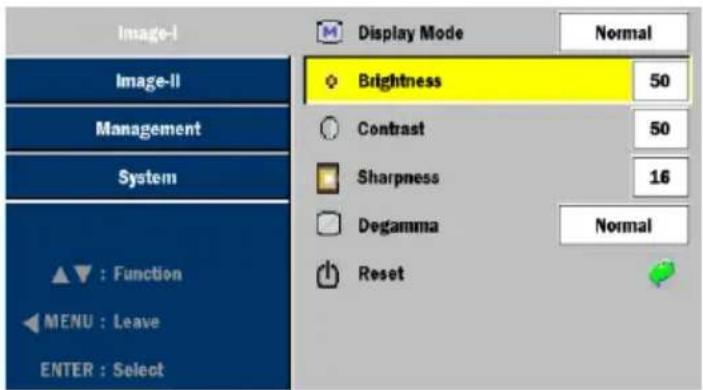 Image-I Image-II Management System ▲▼ : Function ◀ MENU : Leave ENTER : Select Display Mode Normal Brightness 50 Contrast 50 Sharpness 16 Degamma Normal Reset