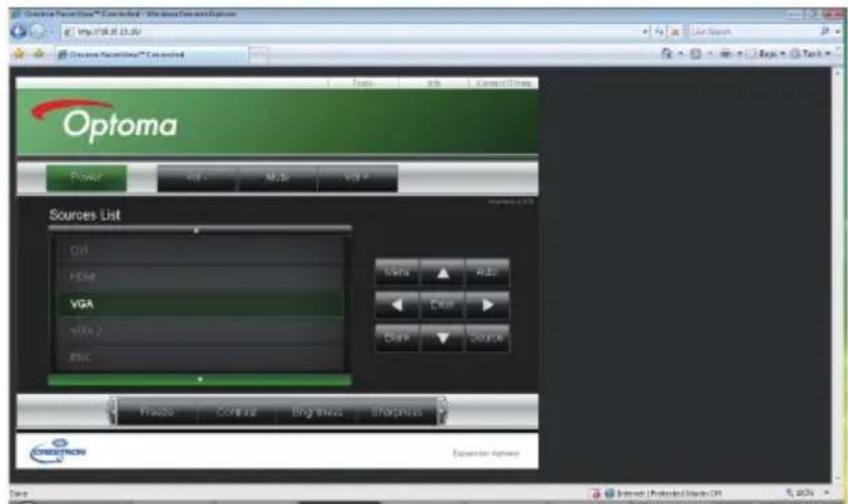 Options http://80.12336/ Options Optoma Power Vol. MI.5 Vol. Sources List Ctrl Paste VGA VPA EPC Iowa Auto Edit DARK SOURCE Freeze Cancelia Engineless Sharpness Experience Manager Time: Internet: Protected Web API 40%