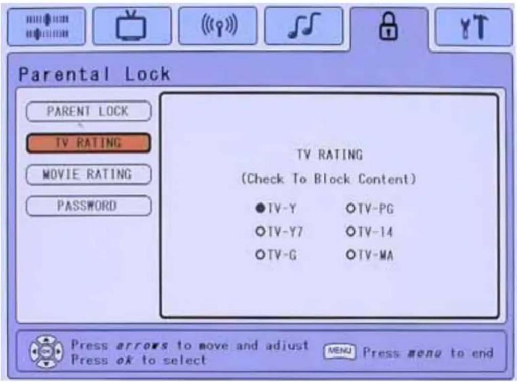 Parental Lock PARENT LOCK TV RATING MOVIE RATING PASSWORD TV RATING (Check To Block Content) ●TV-Y ○TV-PG ○TV-Y7 ○TV-14 ○TV-G ○TV-MA Press arrows to move and adjust MENU Press menu to end Press ok to select