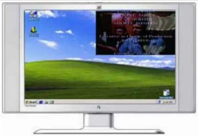 Computer screen displaying a desktop with a green landscape background and an embedded video player interface showing text and images.