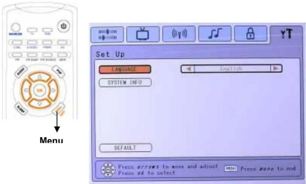 Menu Set Up LANGUAGE English SYSTEM_INFO DEFAULT Press arrows to move and adjust Press or to select MENU Press end to end