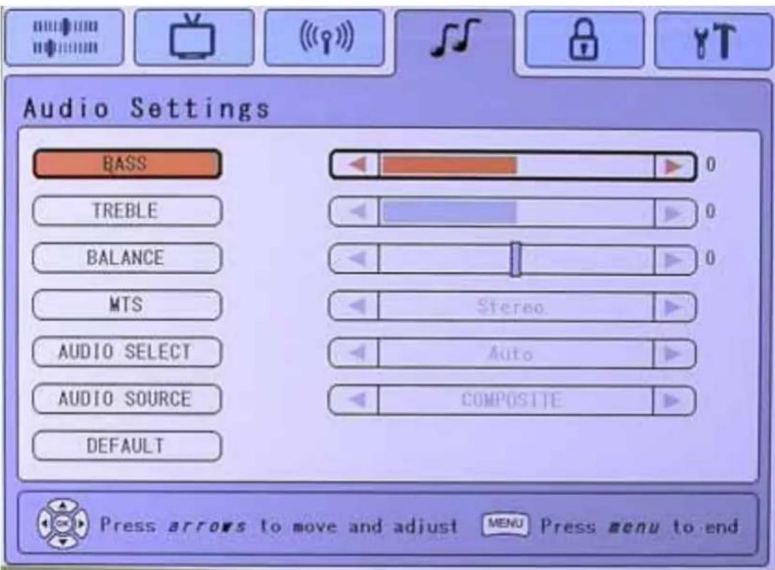 Audio Settings BASS TREBLE BALANCE MTS AUDIO SELECT AUDIO SOURCE DEFAULT 0 0 0 Stereo Auto COMPOSITE Press arrows to move and adjust MENU Press menu to end