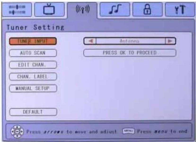 Tuner Setting TUNER INPUT AUTO SCAN EDIT CHAN. CHAN. LABEL MANUAL SETUP DEFAULT Antenna PRESS OK TO PROCEED. Press arrows to move and adjust. SEND Press step to end